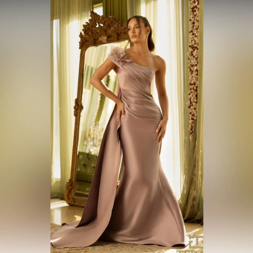 One-Shoulder Mauve Evening Gown with Floral Detail - Picture 1 of 7